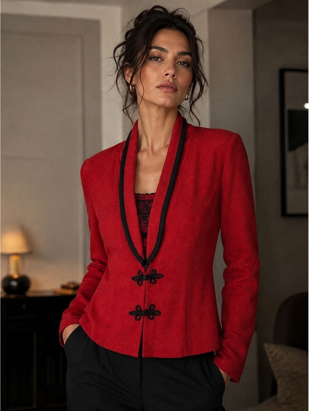 Vintage Jeffrey & Dara Red Knit Blazer Jacket with Black Trim